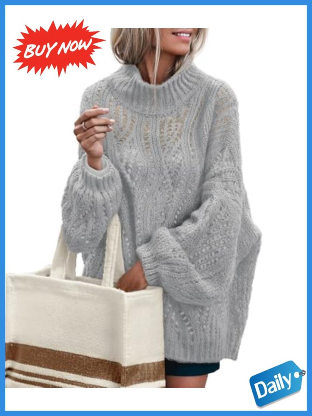 Oversized Crochet Pullover Sweater Mock Neck Long Sleeve Loose Knit Top
